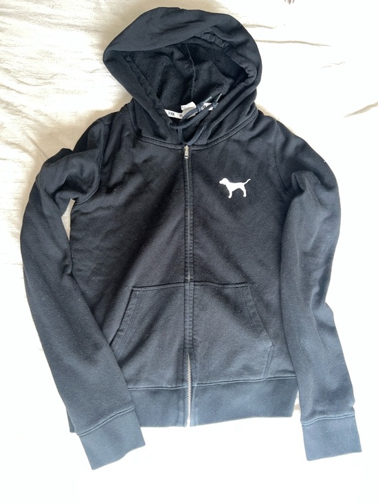 PINK Victoria's Secret Tops - PINK Victoria's Secret Black Full-Zip Hoodie with White Dog Logo